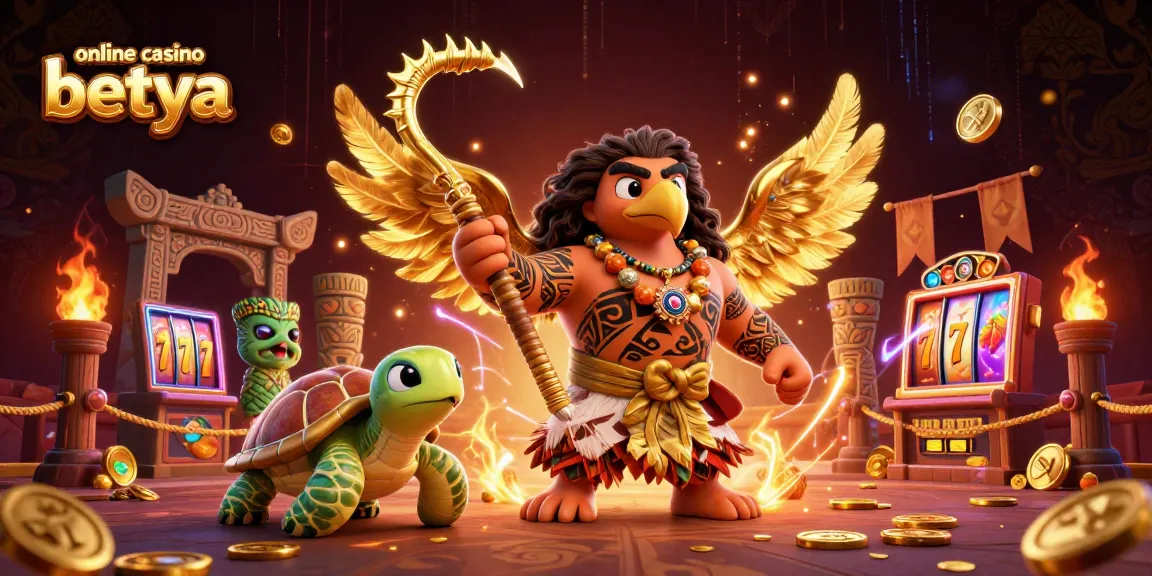 Engage with the thrilling atmosphere of online casino betya, featuring vibrant tiki characters and slot game elements.