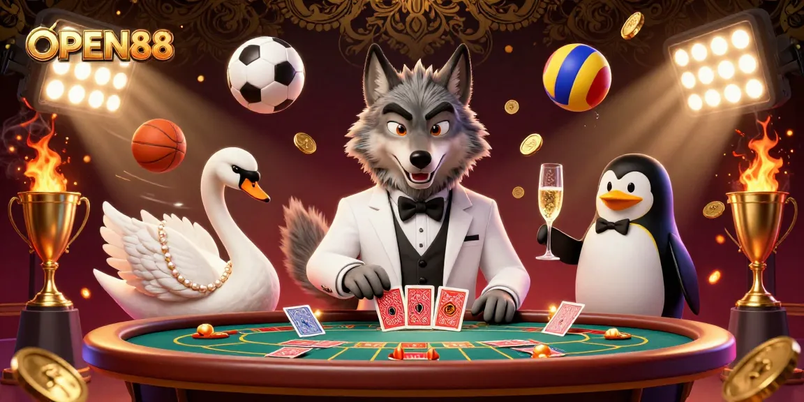 Engage with OPEN88's premium casino experience showcasing a debonair wolf, an elegant swan, and a sophisticated penguin in a vibrant 3D illustration.