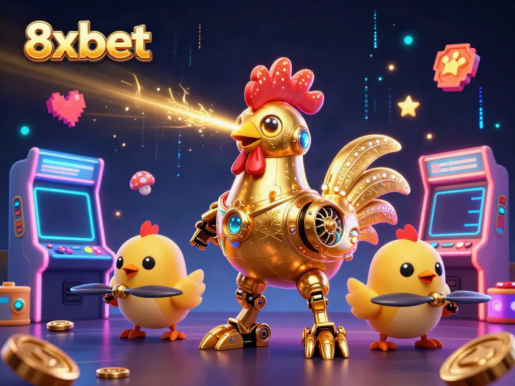 Experience thrilling gaming with 8xbet's golden rooster robot and colorful arcade machines.