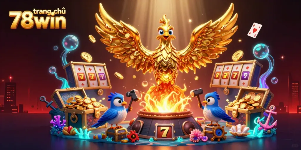 Experience the excitement of trang chủ 78win with a golden phoenix emerging from a casino-themed scene.