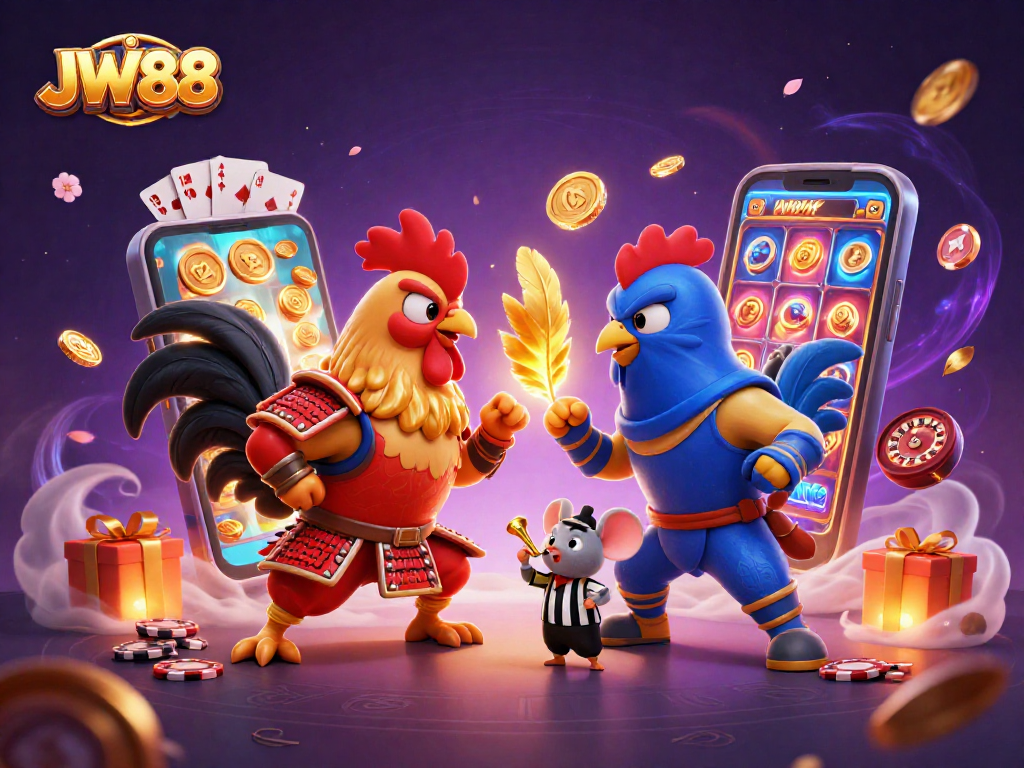 JW88 showcases a thrilling standoff between cartoon fighting roosters, featuring vibrant casino elements.