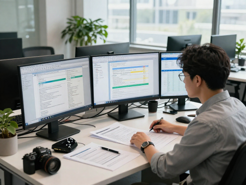 Document fraud detection analysis in a professional office with charts and software displays.