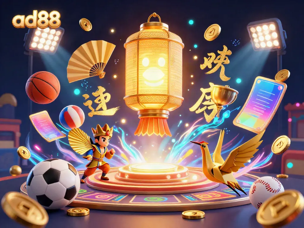 Experience the excitement of ad88 casino with a golden lantern spirit above vibrant sports elements.