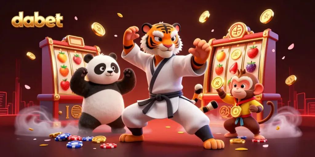 Dabet showcases an energetic casino scene with kung fu tiger master, panda disciple, and monkey student amidst dynamic slot elements and golden coins.