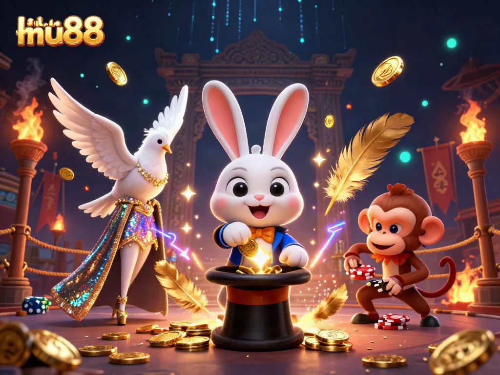 Experience the thrill of link mu88 with vibrant casino scenes featuring a magician rabbit and playful characters.