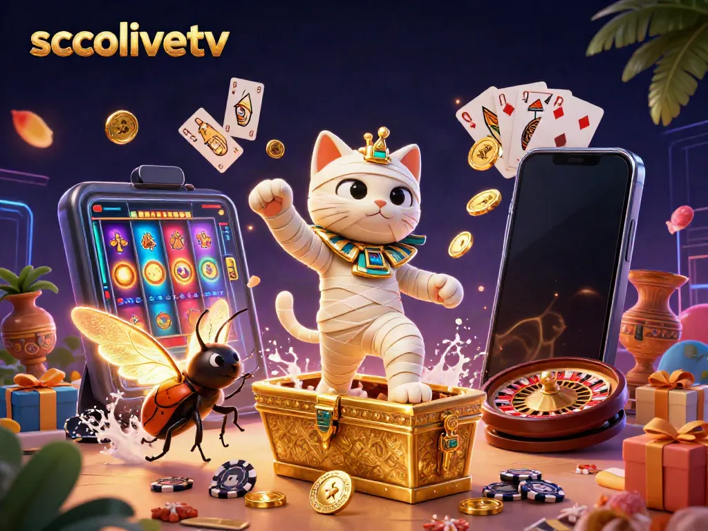 Socolivetv features a vibrant scene with a mummy cat emerging from a sarcophagus in a casino, showcasing interactive gaming elements.