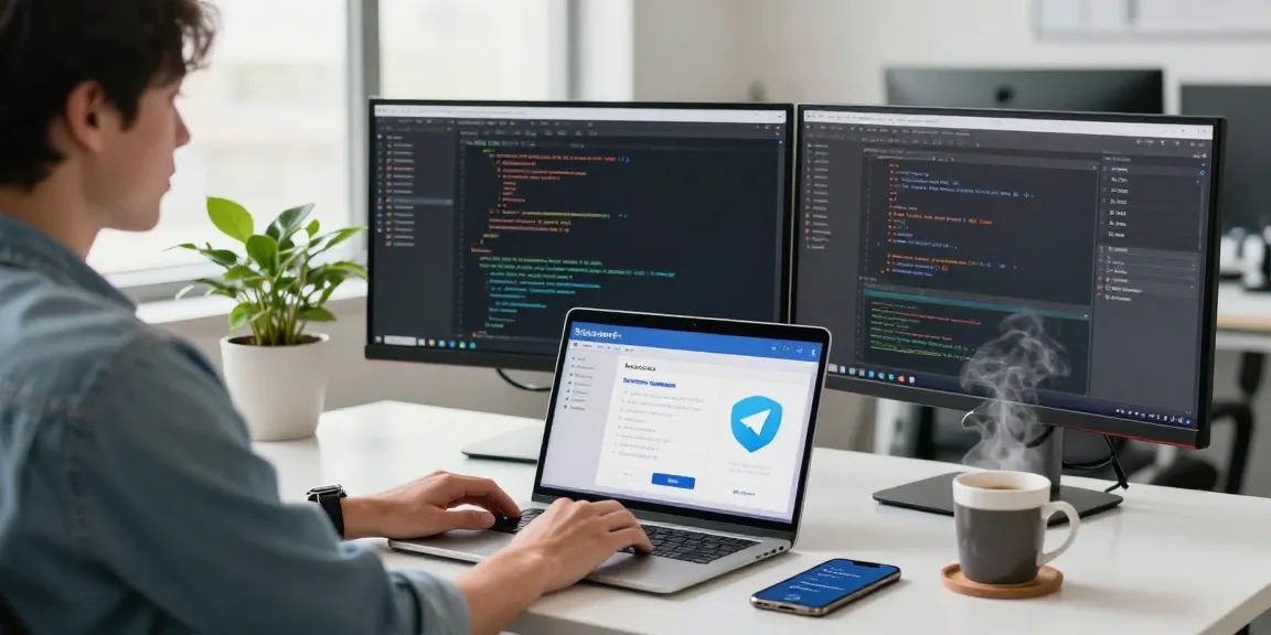 Setting up Telegram中文 on a modern tech workspace with dual monitors, laptop, and smartphone notifications.