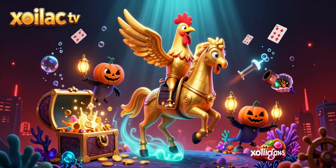 Xoilac tv showcases a vibrant, thrilling gaming scene with the golden rooster, surrounded by glowing gems and dynamic casino elements.