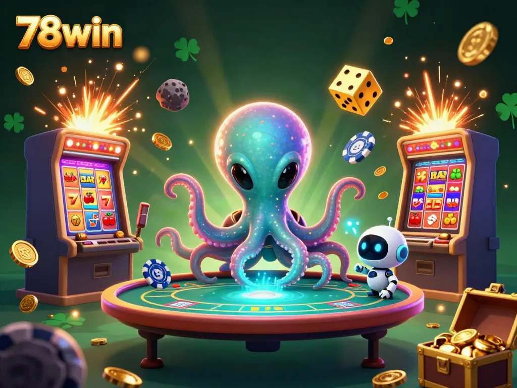 Engage in thrilling casino fun at 78win with an alien octopus and robot celebrating a jackpot explosion.