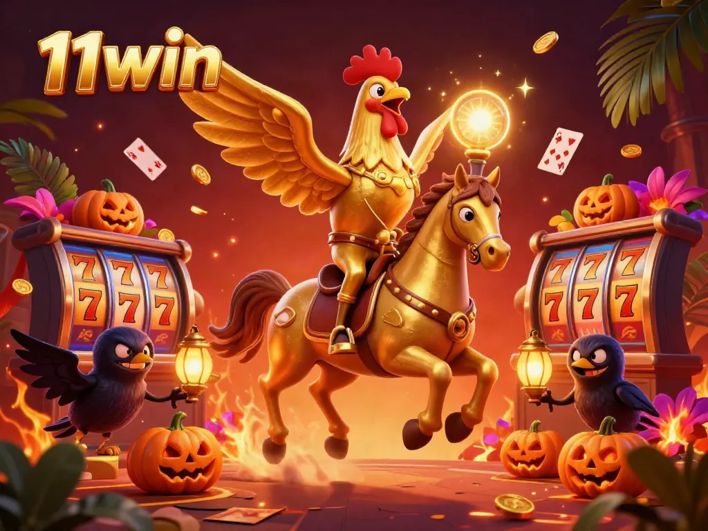 Experience the excitement at 11win with a golden rooster and friends in a vibrant casino.