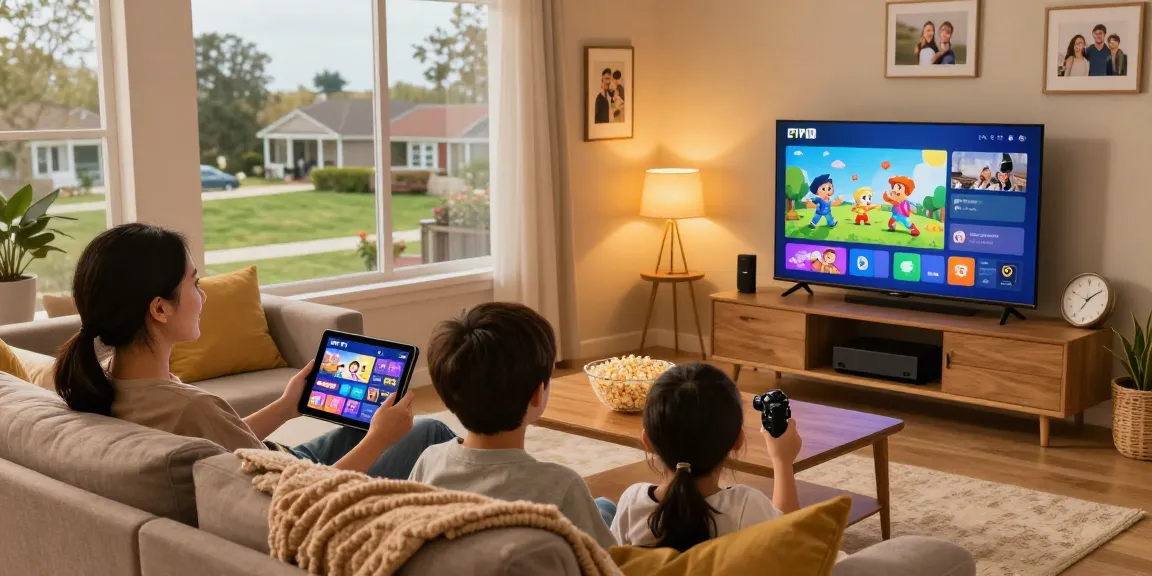 Family enjoying IPTV Subscription in cozy living room with 4K TV, cheerful atmosphere.