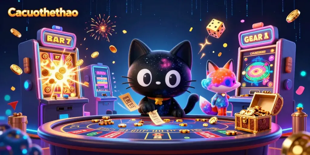 Cacuocthethao cat draws in chips and betting slips at a cosmic gambling table.