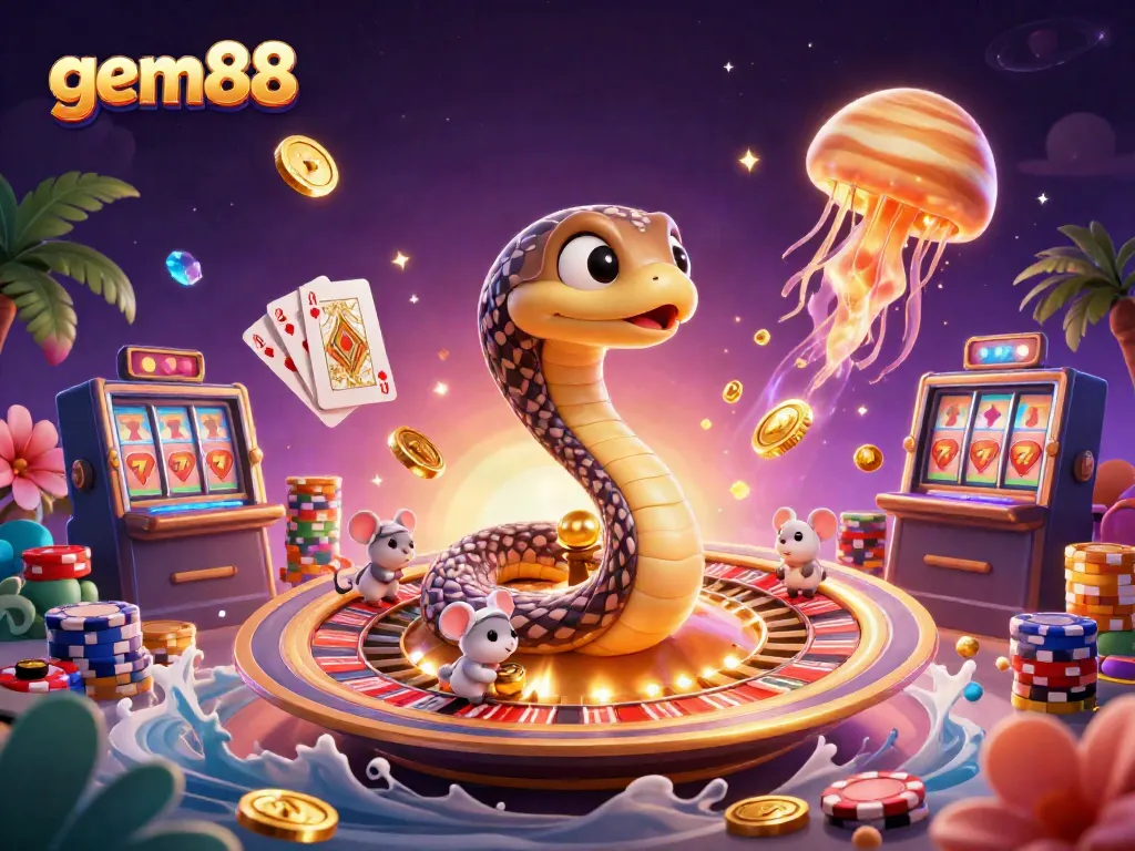 Experience the thrill of gaming with gem88's cosmic casino scene featuring a Saturn snake and bets placed by astronaut mice.