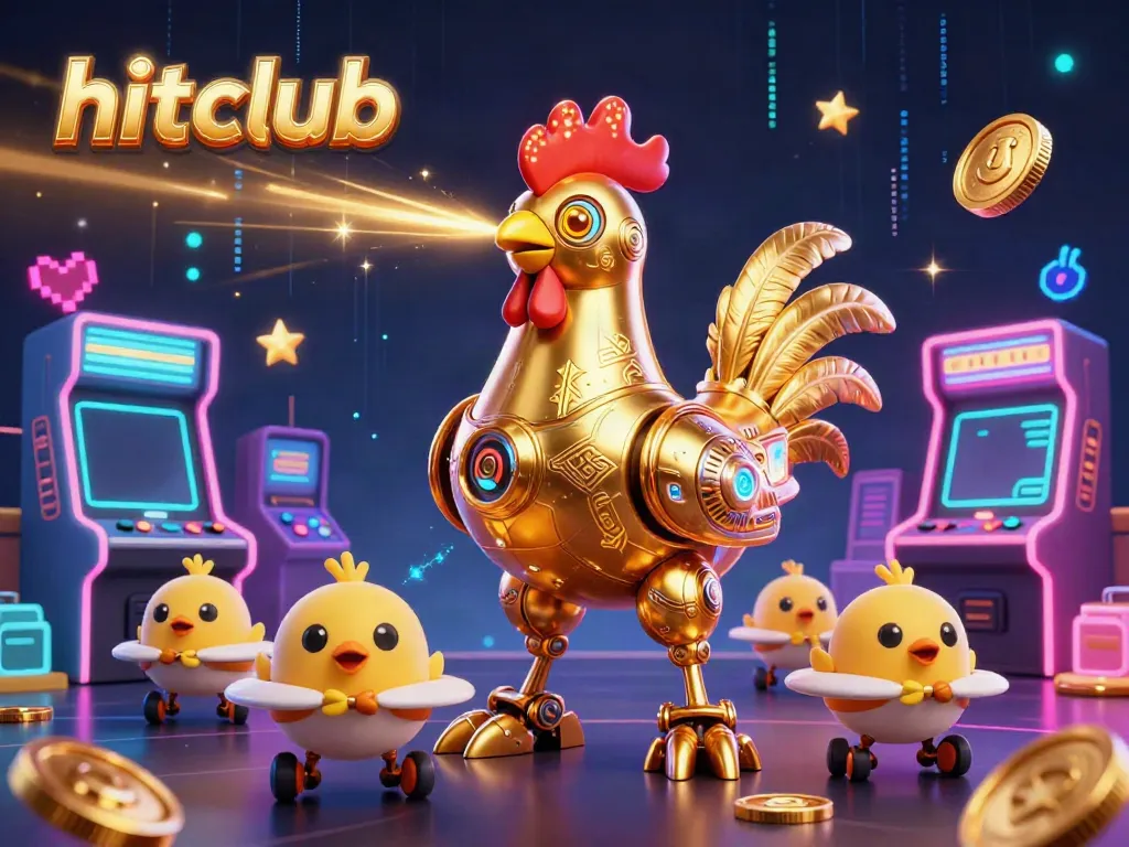 Hitclub's retro-futuristic golden rooster robot leads a dynamic gaming scene with vibrant casino elements.