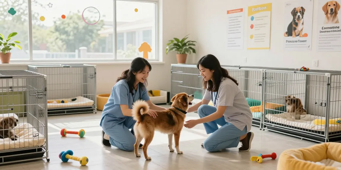 Pet Boarding facility with caregiver ensuring comfort for pets in secure cages, showcasing care and safety.