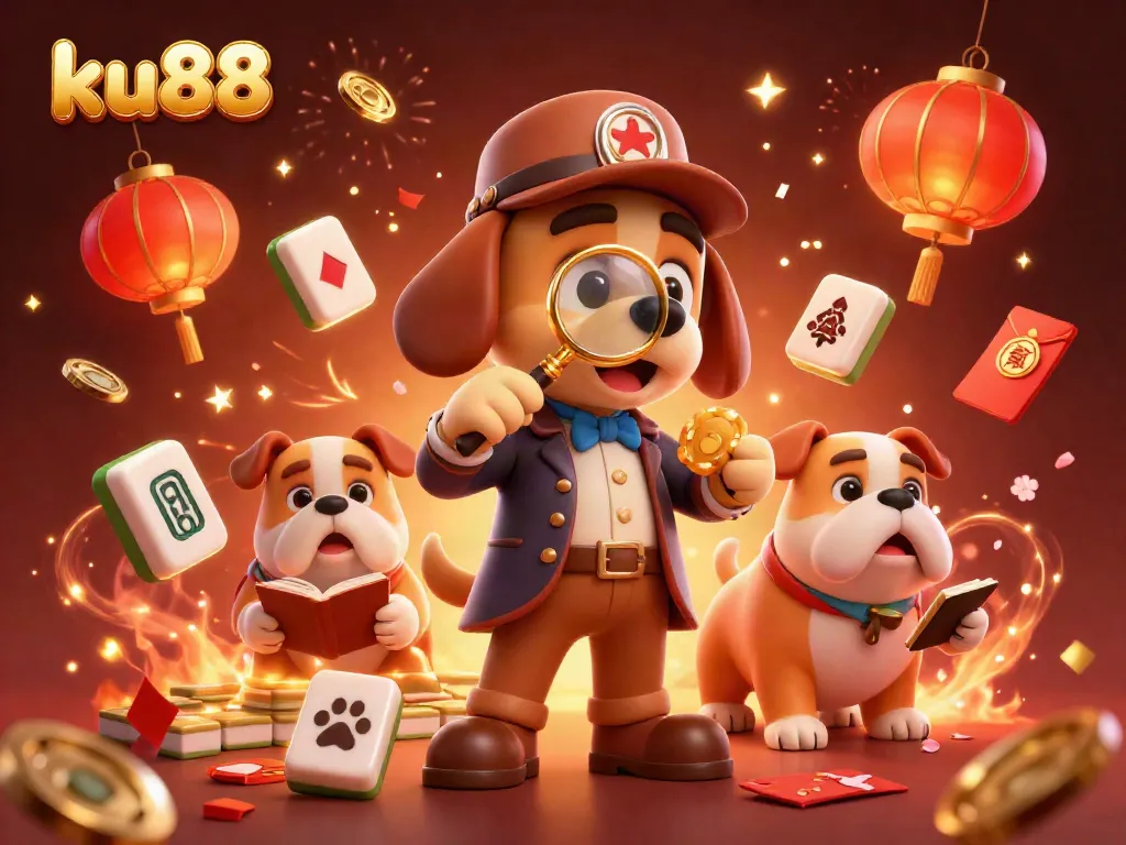 Experience thrilling gameplay at ku88 with a detective cartoon character uncovering treasure amidst casino symbols.