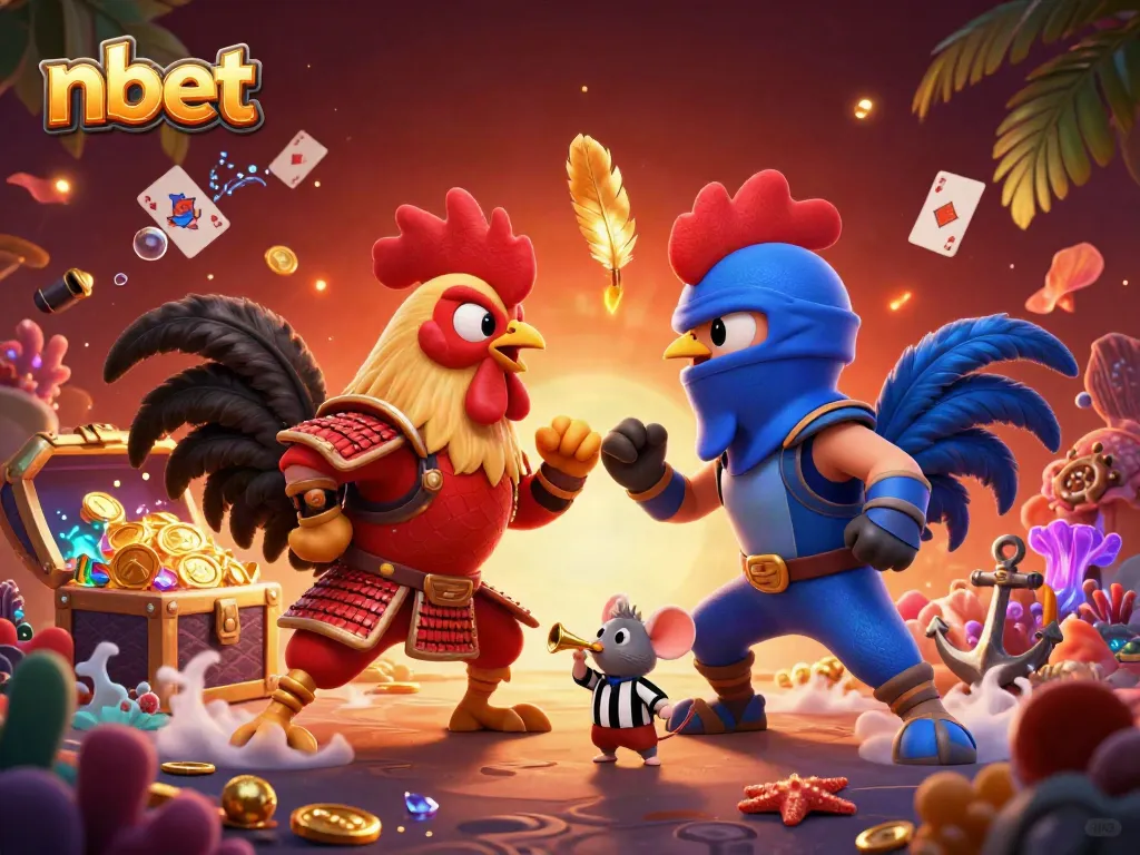 Experience nbet's thrilling action in a vibrant 3D casino illustration featuring epic rooster combat.