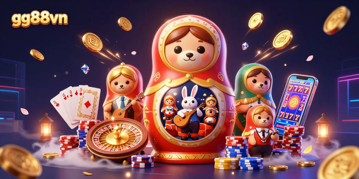 Play at gg88vn with a vibrant casino scene showcasing exciting gambling elements and rich visuals.
