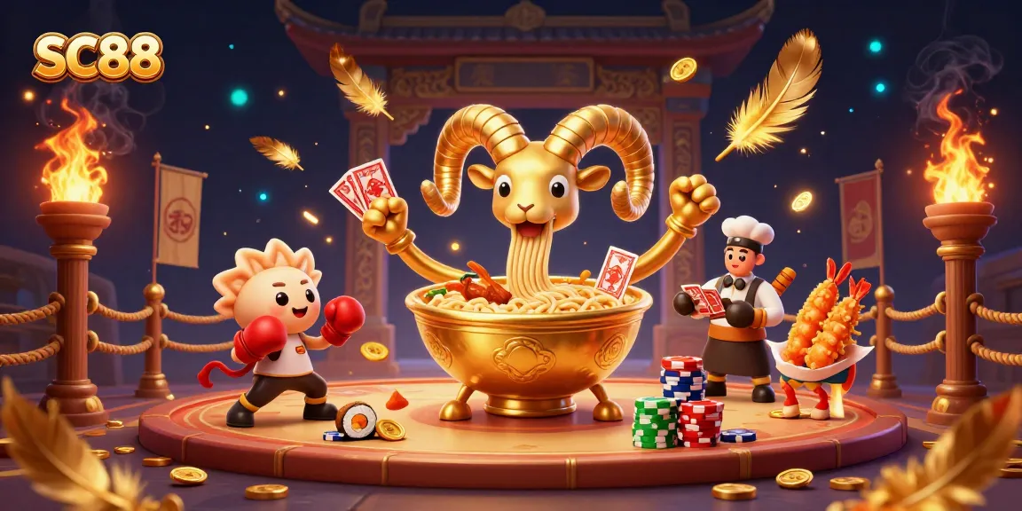 SC88 reveals a vibrant casino scene featuring a golden ramen bowl dealing cards with lively cheerleaders and dynamic game elements.