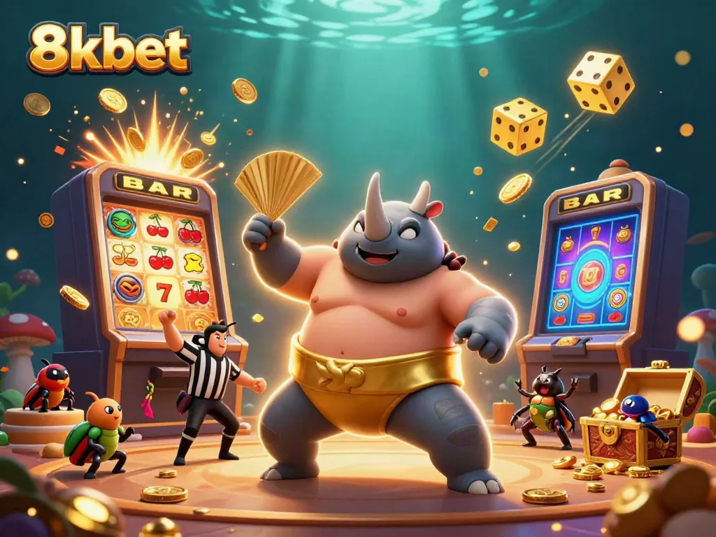 Experience the thrilling energy of 8xbet with a sumo beetle champion amidst a jackpot explosion.