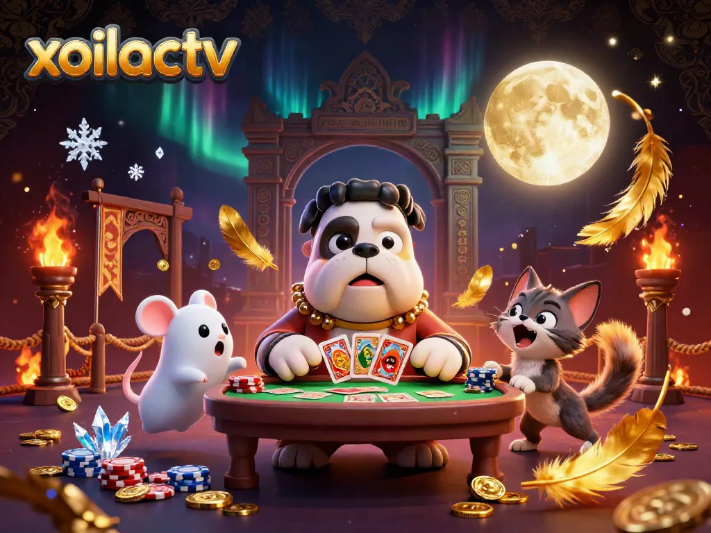 Xoilactv shows a lively scene with a Frankenstein bulldog and werewolf kitten in an online gambling setting.