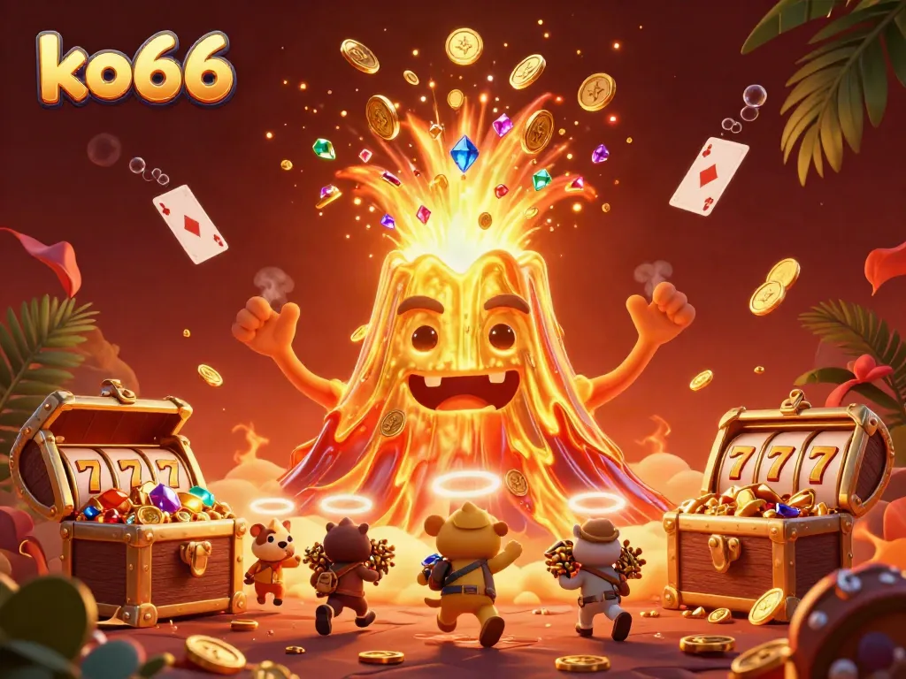 Engage in the thrilling world of ko66's online casino with golden treasures erupting from a volcano, enriching your gaming experience.