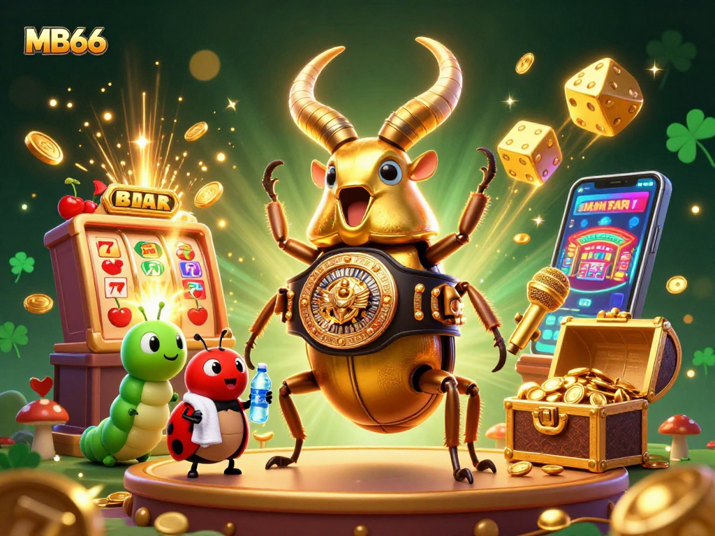 Spin the reels at MB66 with an epic golden stag beetle champion and exciting casino elements!