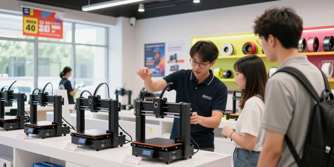Customers exploring 3D printer deals in a vibrant retail space showcasing products and accessories.