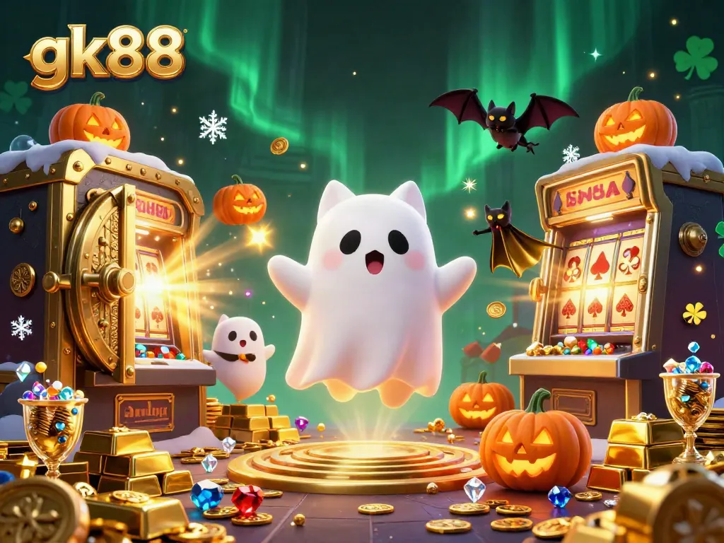 Experience the thrill of gk88 with a spooky casino scene featuring a friendly ghost cat, bat, and glowing jack-o-lanterns.