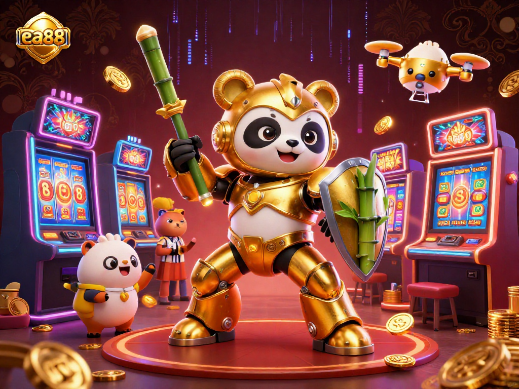 Experience thrilling gameplay at ea88 with a golden panda robot in a vibrant casino scene.