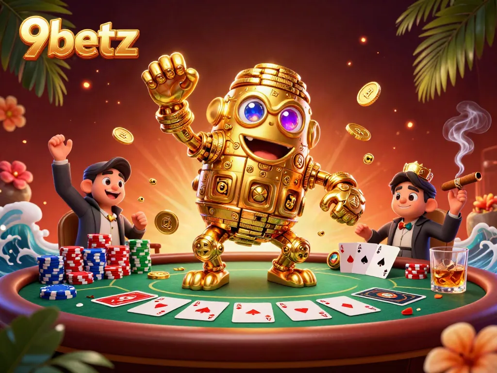 Experience thrilling gameplay at 9betz with golden golem and poker chips surrounded by casino magic.