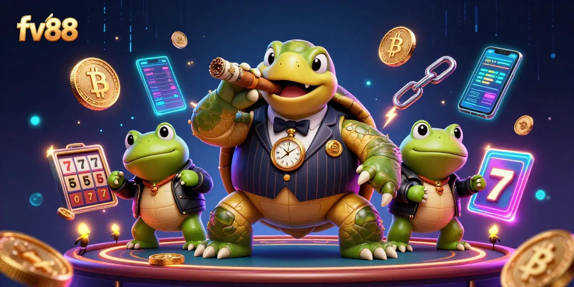 fv88 casino scene featuring a snapping turtle and bullfrog enforcers amidst vibrant gaming elements