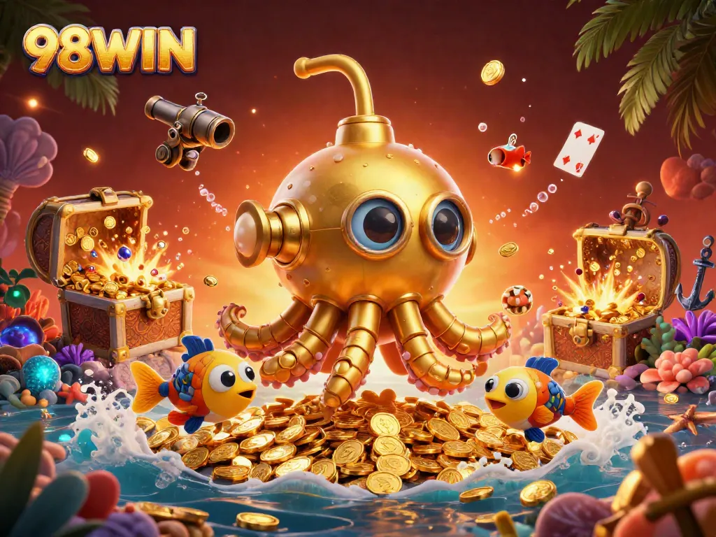 Experience the thrill of gaming at 98WIN with a vibrant scene of winning treasures and dynamic characters.