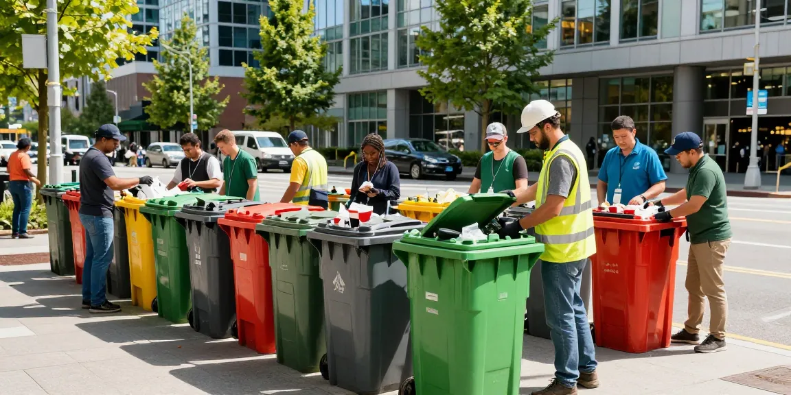 Efficient Vancouver Bin Rentals showcased with urban professionals coordinating bin services amidst city streets.