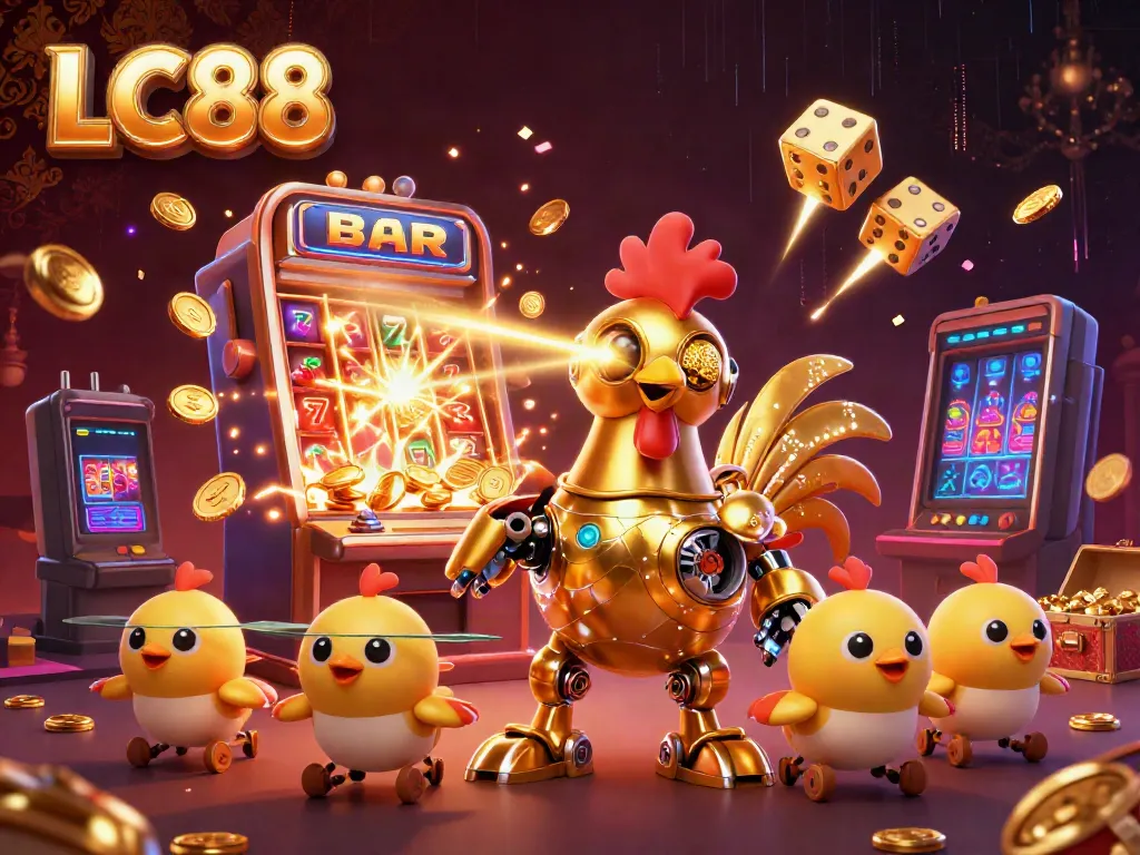 LC88's golden rooster robot and chick drones surround a bursting slot machine, igniting excitement.