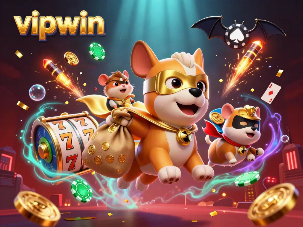 Experience thrilling gameplay with vipwin, as a superhero dog and sidekick bring excitement in a vibrant casino landscape.