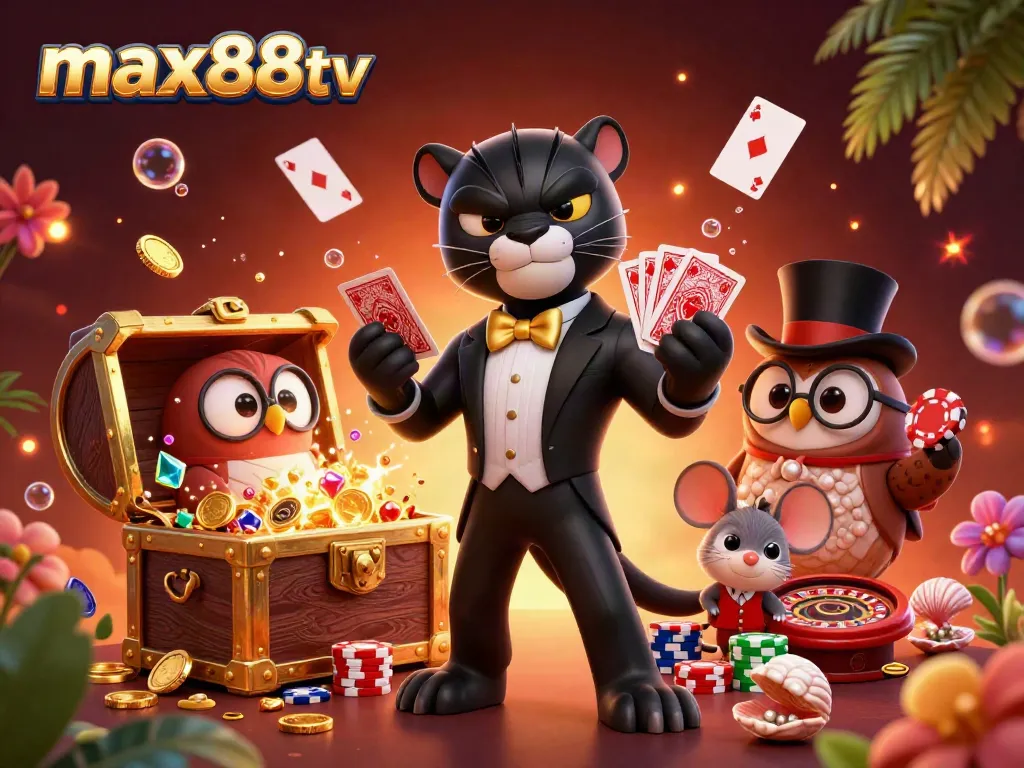 Engage in adventure with max88tv as a tuxedo panther deals cards amidst vibrant gambling elements.