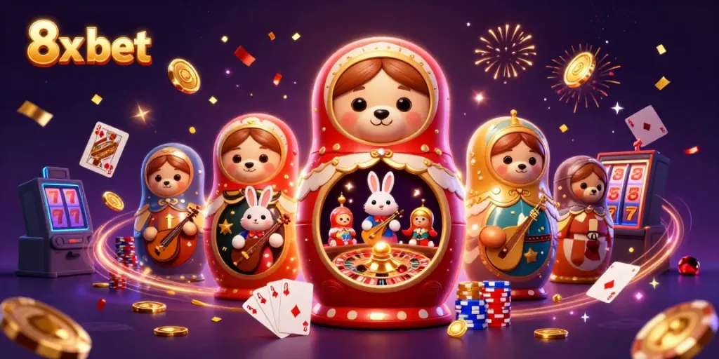 Experience the thrill of 8x bet with vibrant casino characters and festive elements in a dynamic 3D scene.