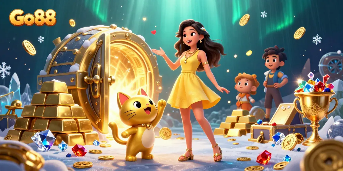 Experience the thrill of Go88 with vibrant casino games and treasures surrounding cheerful players.