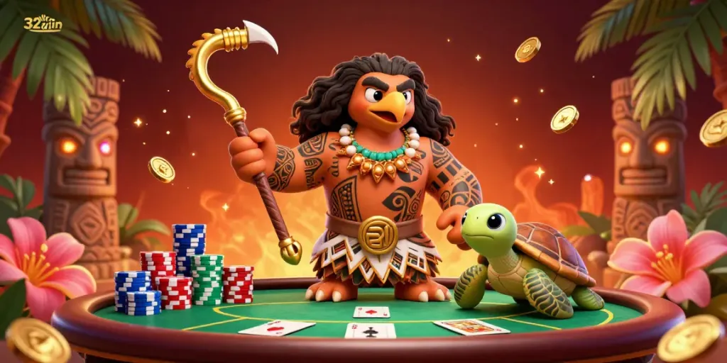 Join the action in 32win with a dynamic poker scene featuring a Polynesian demigod and turtle sidekick.