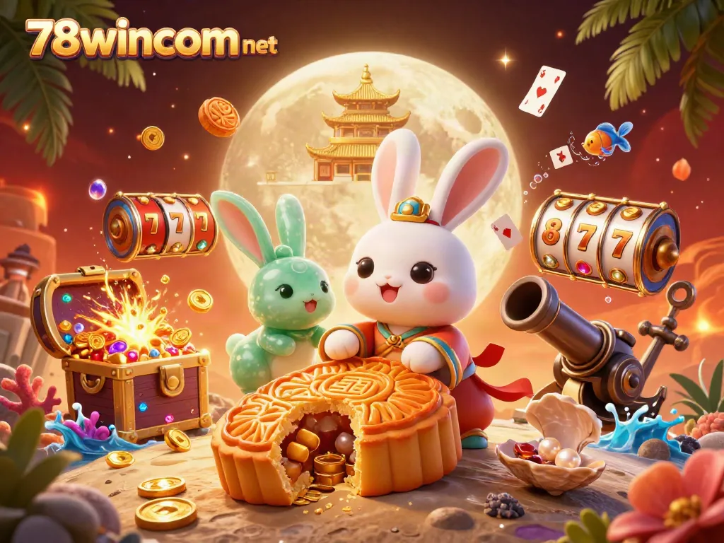 Experience thrilling gaming with 78wincom net's vibrant, animated moon rabbit casino scene.