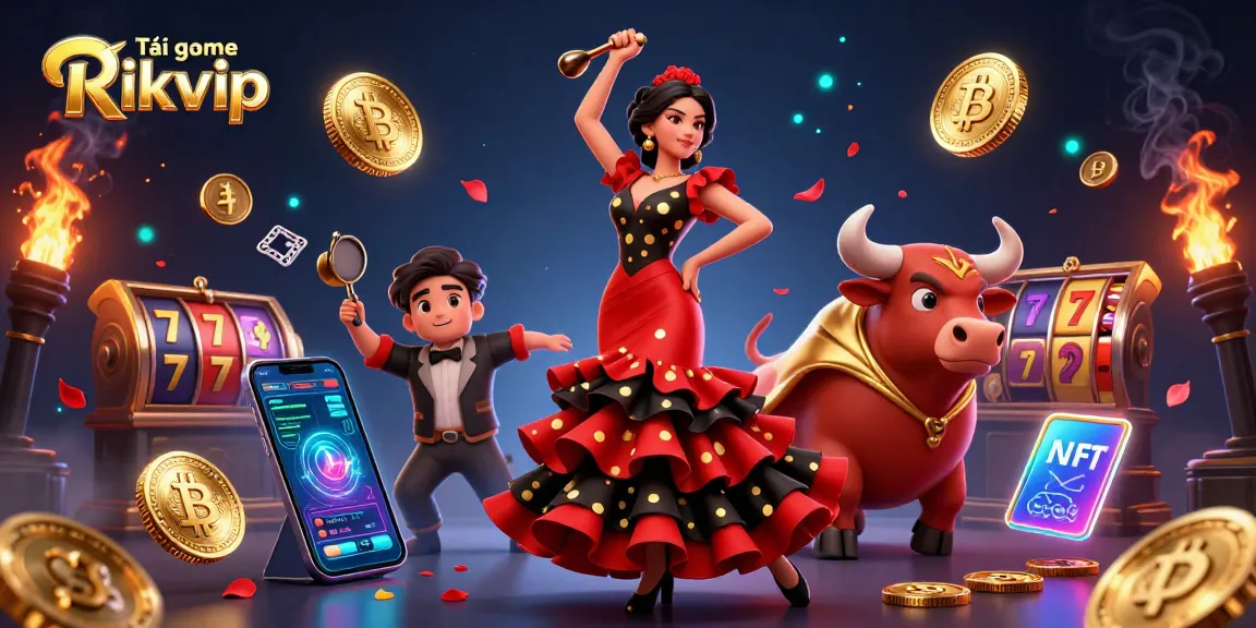 Engage with Tải game Rikvip as a stunning woman in a flamenco dress dances with a cartoon bull, surrounded by casino elements.