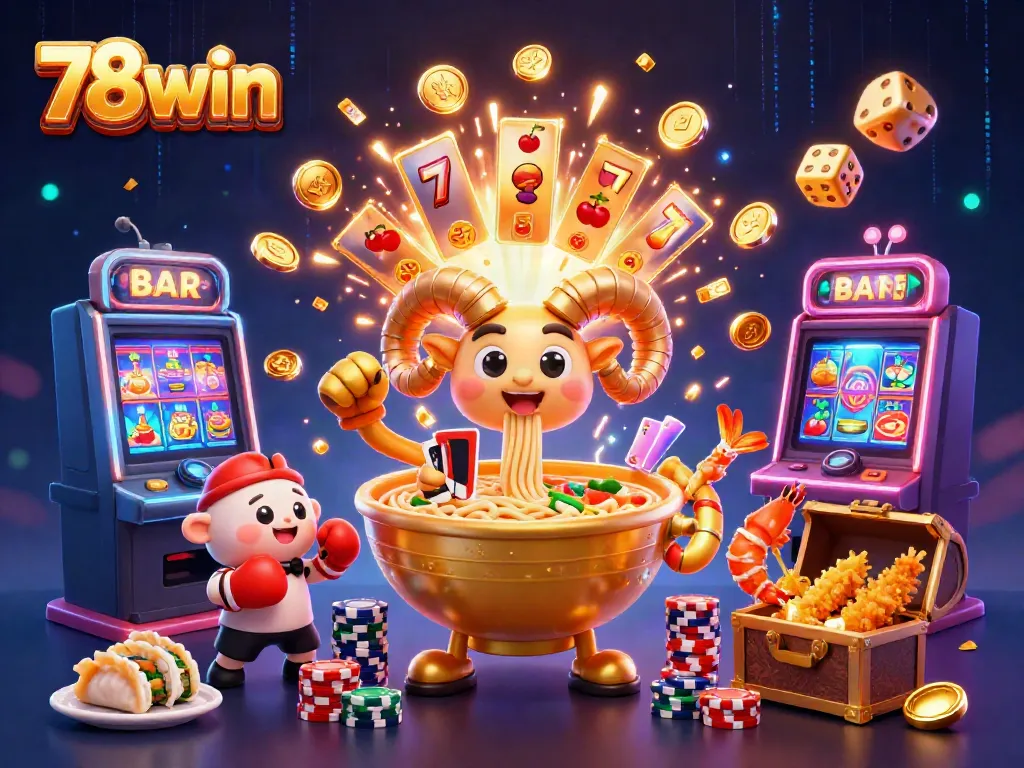 78win casino scene with a giant ramen bowl character dealing cards and vibrant game elements.