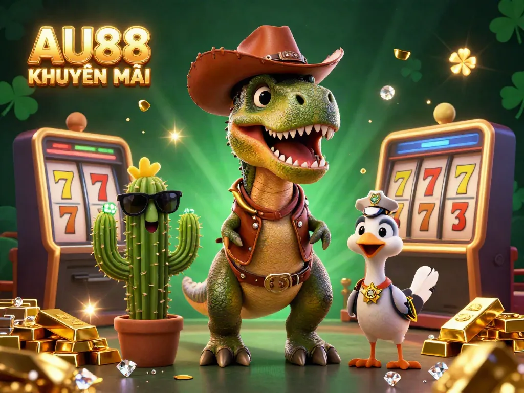 Experience AU88 KHUYẾN MÃI with a dynamic 3D scene featuring a T-Rex, cactus, and roadrunner in casino action.