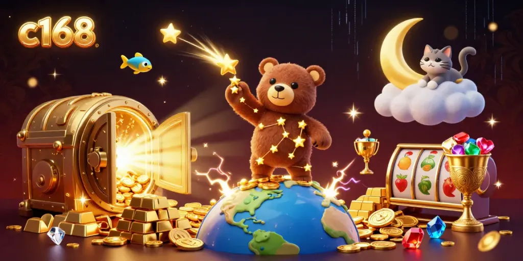 Engage with the vibrant world of c168 casino, featuring a constellation bear collecting coins amidst dynamic gaming elements.