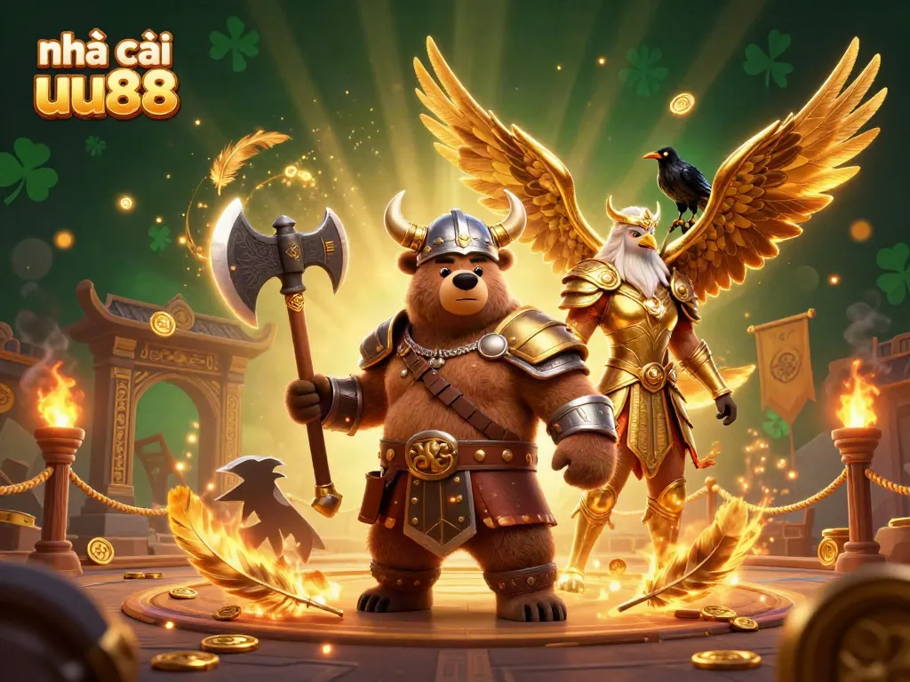 Engage with nhà cái uu88 in a vibrant 3D illustration of a Viking berserker, Valkyrie eagle, and runic ravens amidst a casino-themed scene.