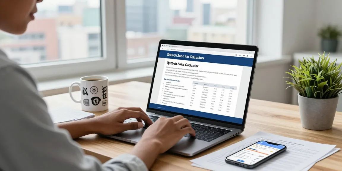 A Quebec sales tax calculator 2026 in a professional home office setting with a focused individual referencing tax guides and financial apps.