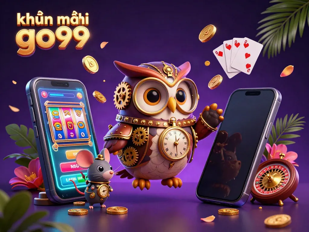 Engage with exciting khuyến mãi go99 offers through an illustration featuring an owl and casino elements.