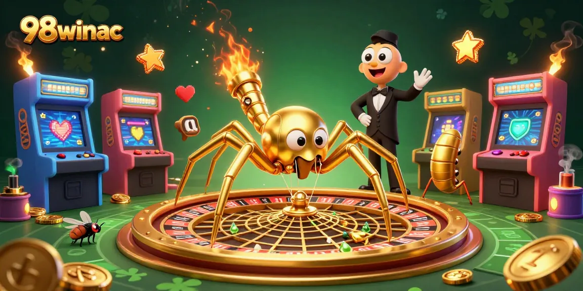 Experience excitement at 98winac with a thrilling scene combining a spider croupier and a fly at the roulette wheel.