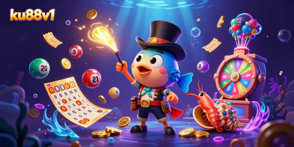 Experience a dynamic gambling scene with ku88v1 featuring vibrant lottery elements and animated treasures.